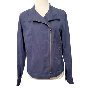J.Jill Navy Blue Linen/cotton Blend Moto Jacket Women XS Asym Zip Lightweight
